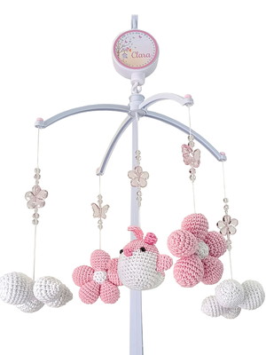 Móbile musical p/ berço jardim amigurumi rosa bebê