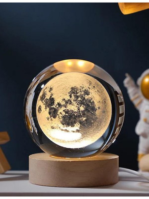 Luminária cristal de mesa lua moon led base madeira presente