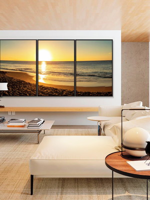 Quadros nascer do sol na praia canvas moldura trio 150x70