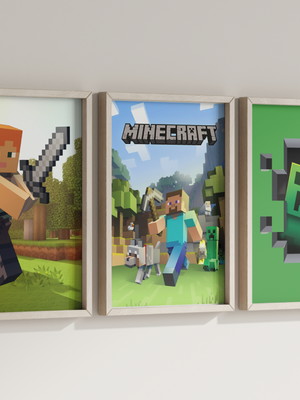 Kit 3 quadros decorativos moldura minecraft decoração