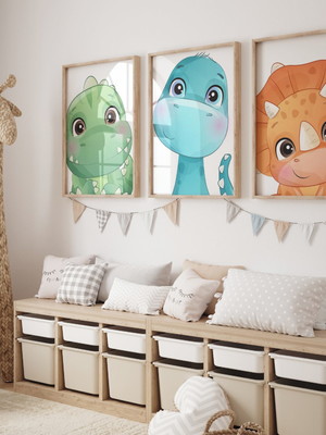 Kit 3 quadros decorativos moldura dinossauro baby grande a3