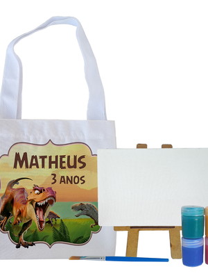 Kit pintura com 4 tintas, tela lisa e sacolinha - dinossauro