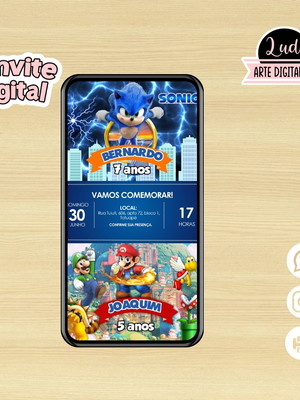 Convite digital dois temas/duplo - sonic e super mário