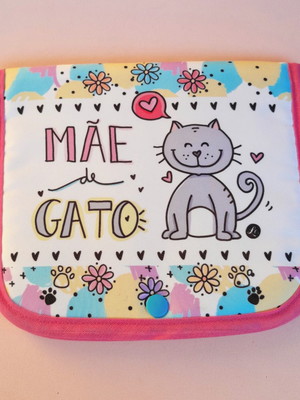 Porta maquiagens em tecido com estampa mãe de gato