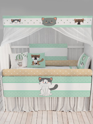 Kit berço enxoval de bebê verde gatos baloeiros kt256 - 23pç