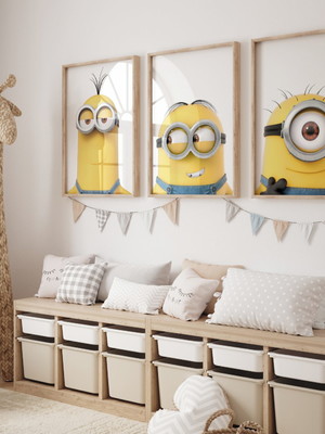 Kit 3 quadros decorativo moldura minions filme grande a3