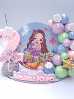 Topo de bolo sereia infantil,vela cenário