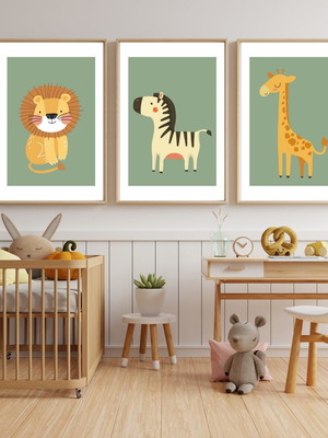 Kit 3 quadros safari leao elefante decoração de quarto bebe