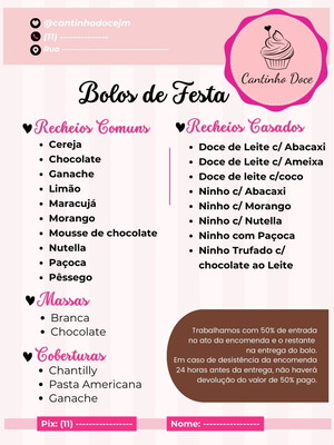 Cardápios e tabela de preços