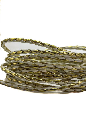 Cordão de fio de couro trançado 3 mm - branco com dourado