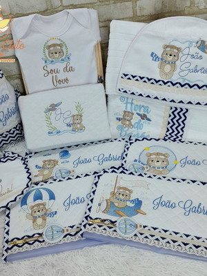 Enxoval de bebê urso aviador fralda manta saco organizador c