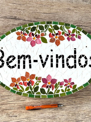 Placa bem-vindos em mosaico orquídeas