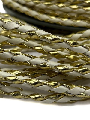 Cordão couro trançado 4 mm 10 mm - marfim com dourado