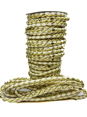 Cordão couro trançado 6 mm 10 mm - branco com dourado