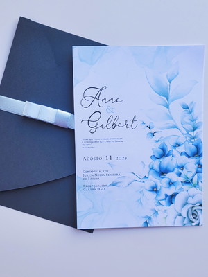 Convite casamento anne envelope coração azul