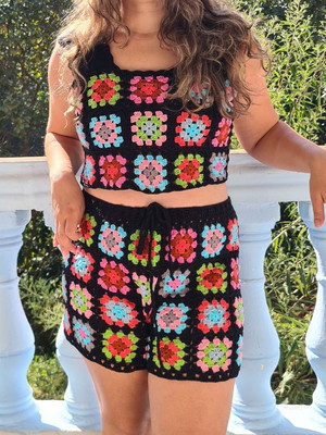 Shorts de crochê colorido top conjunto crochê square