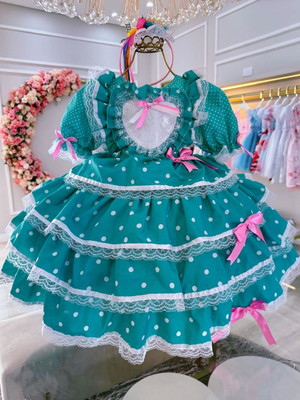 Vestido infantil festa junina verde c/babados coração luxo