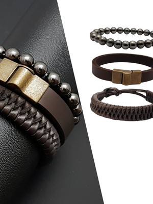 Kit pulseiras masculinas couro fecho magnético imã com 03