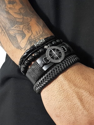 Pulseiras masculinas de couro bússola grafite kit c/04