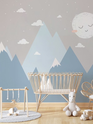 Painel adesivo infantil montanhas com céu estrelado azul