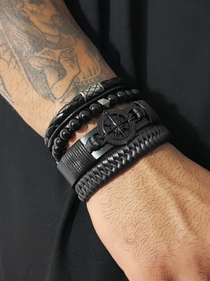 Pulseiras masculinas de couro bússola black kit c/04