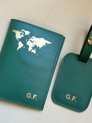 Porta passaporte personalizado mapa mundi e tag para malas