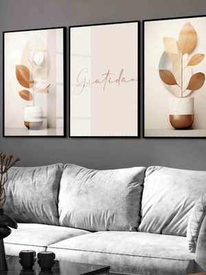 3 quadros decorativos folhagem gratidão com moldura e vidro