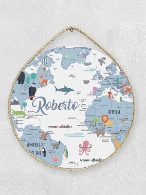 Porta maternidade mapa mundi azul e branco pm158