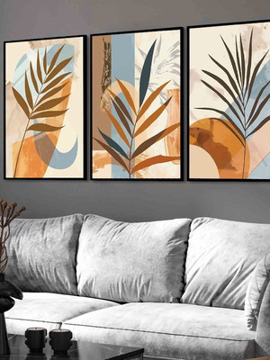 Kit 3 quadros abstrato folhas galhos trio colorido