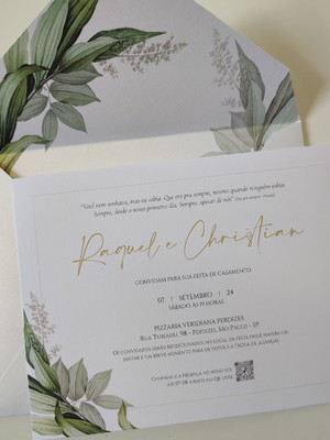 Convite casamento forrado branco perolado folhagem