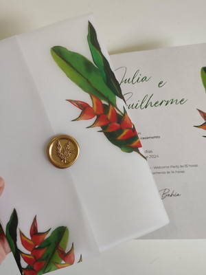 Convite casamento envolto vegetal vertical lacre de cera
