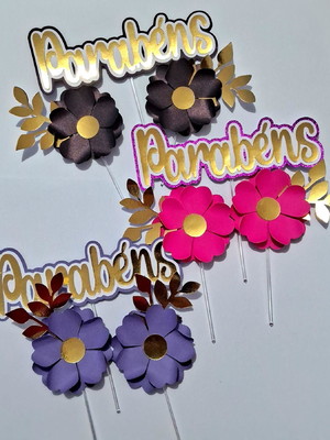 3 topo de bolo, parabéns com 2 flores,rosa, lilás e roxo