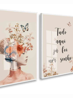 Quadro decorativo mulher frases borboleta flores com vidro