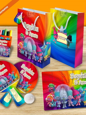 Kit completo sacolinha 2 personalizado trolls colorido