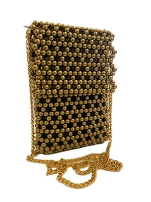 Bolsa de miçangas dourada com alça corrente dourada