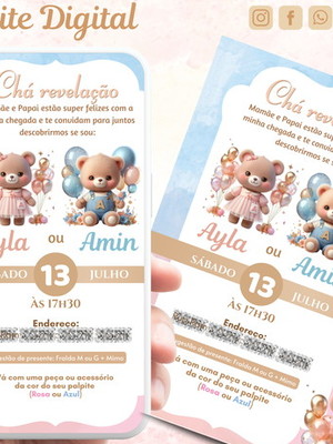 Convite digital chá revelação ursinhos