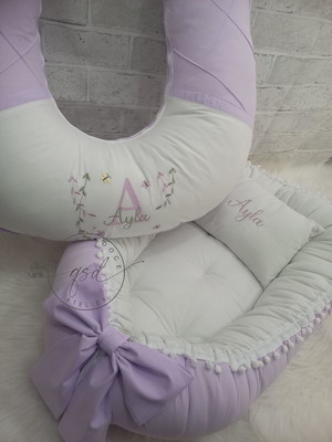 Kit ninho de bebe laço e almofada amamentação lilas