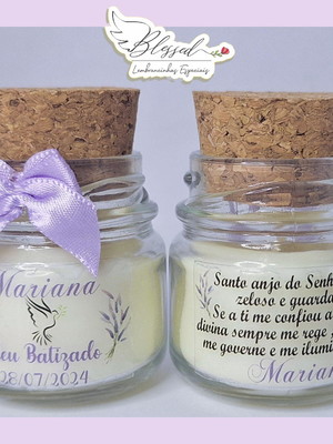 Lembrancinha batizado mini vela perfumada com laço