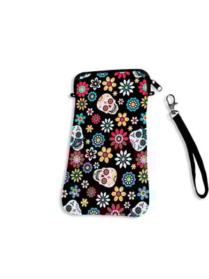 Bolsa case para celular com zíper caveiras coloridas
