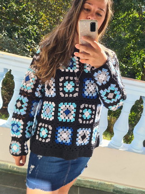 Blusa de crochê square blusa manga longa