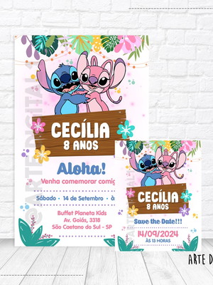 Convite virtual + save the date, stitch e angel