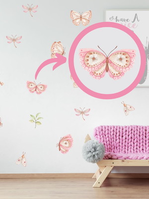 Kit 65 adesivos de parede borboletas rosa