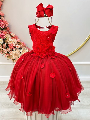 Vestido infantil vermelho aplique flores luxo renda strass