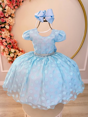 Vestido infantil festa luxo azul bolinhas cinto strass