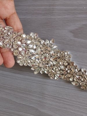 Bordado p/ cintos e roupas festas strass prata 20 x 5cm