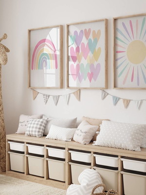 Kit 3 quadros boho arco-iris coração sol infantil decora a3