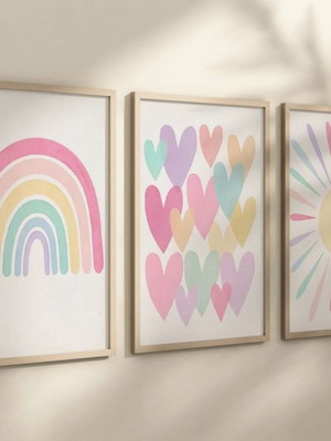 Kit 3 quadros boho arco-iris coração sol infantil decora