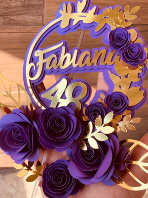 Topo de bolo circulo dourado com flores