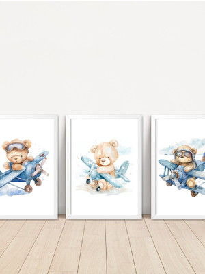 Kit 3 quadros urso aviador aquarela a3
