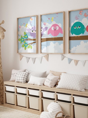 Kit 3 quadros decorativos infantil passarinhos coloridos